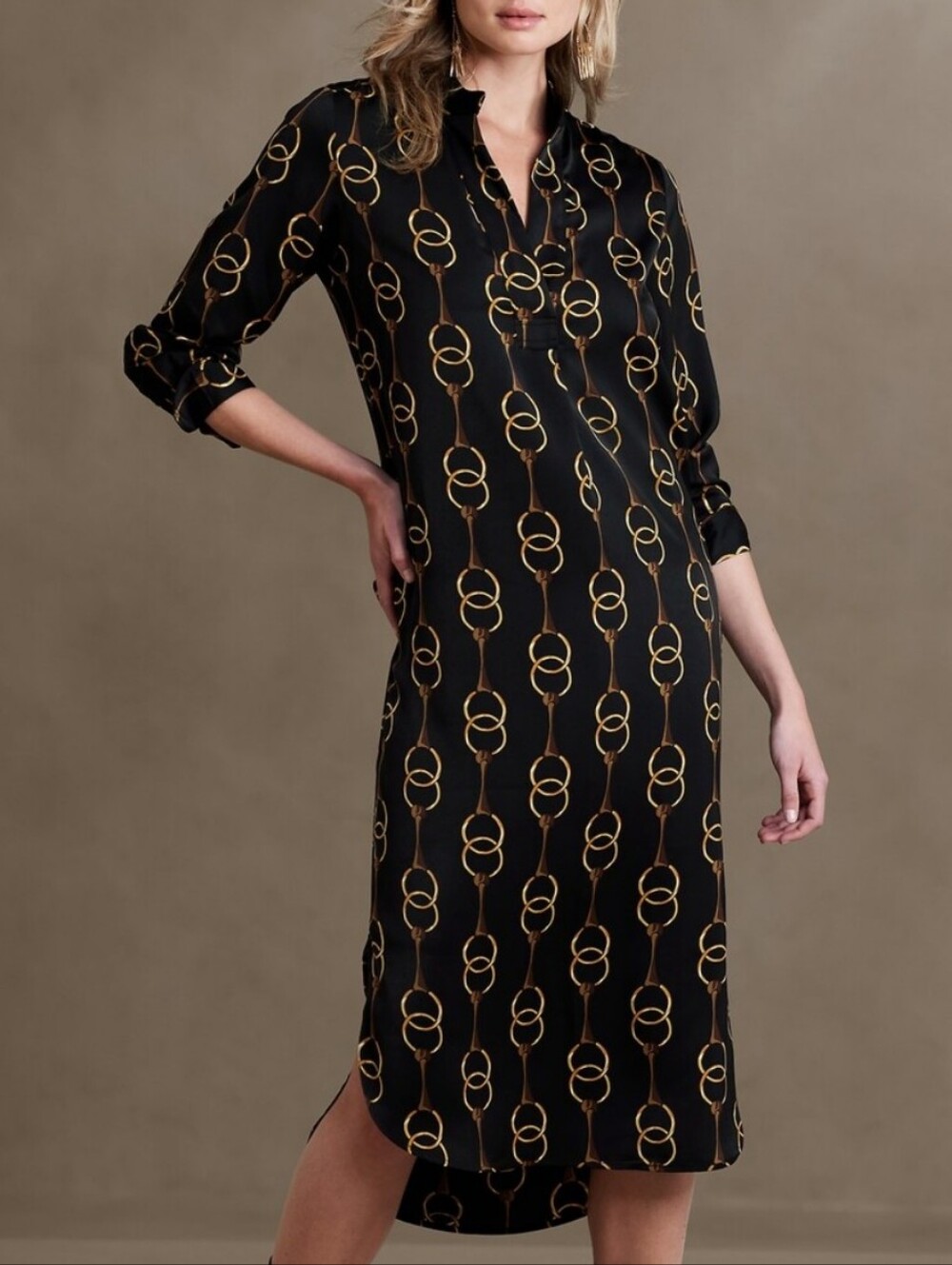 Banana Republic Chain Printed Mandarin Collar Midi Dress Equestrian
